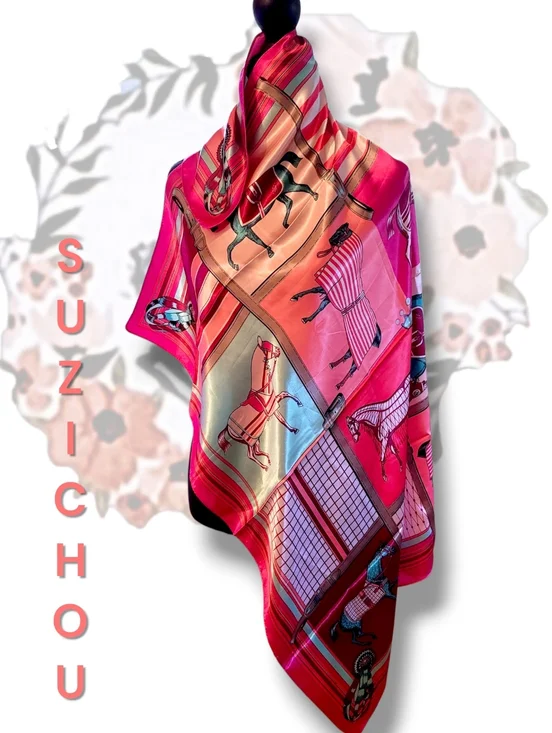 Suzhichou Silk  Equestrian Horse Print Scarf - Pink, Coral, Aqua - Picture 3 of 6